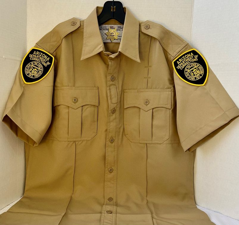 ARIZONA DEPARTMENT OF CORRECTIONS, AZ DOC CLASS B ZIPPERED SHORT SLEEVE UNIFORM SHIRT.